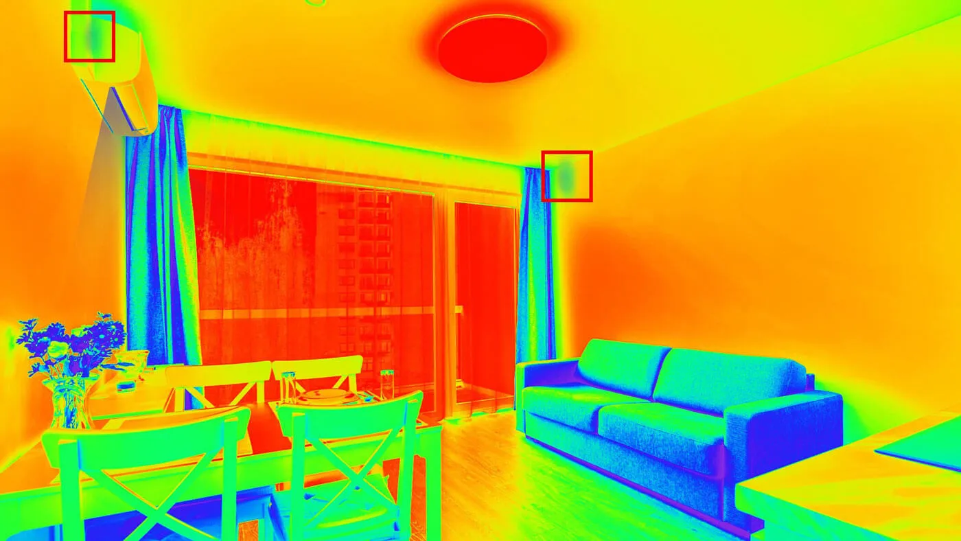 Thermal image of a living room showing uneven cooling around the A/C unit