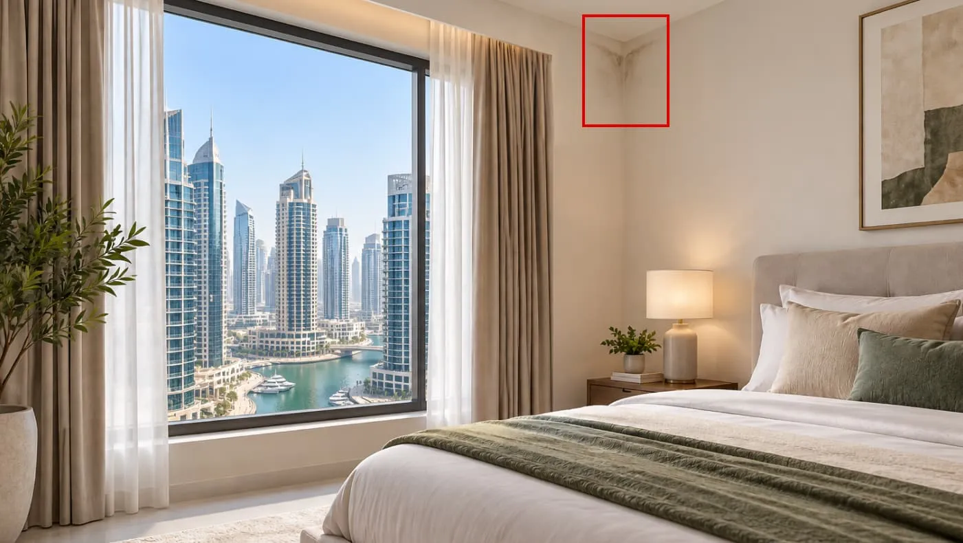 Water staining marked in the ceiling corner of a bedroom overlooking Dubai Marina