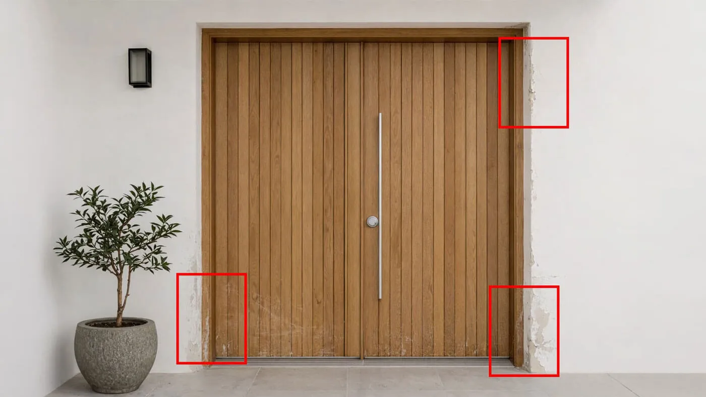 Defects marked around the frame of a new entrance door at handover