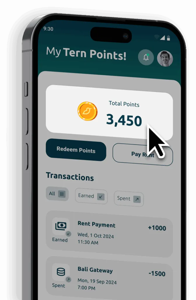 The Tern app showing a tenant's reward points balance